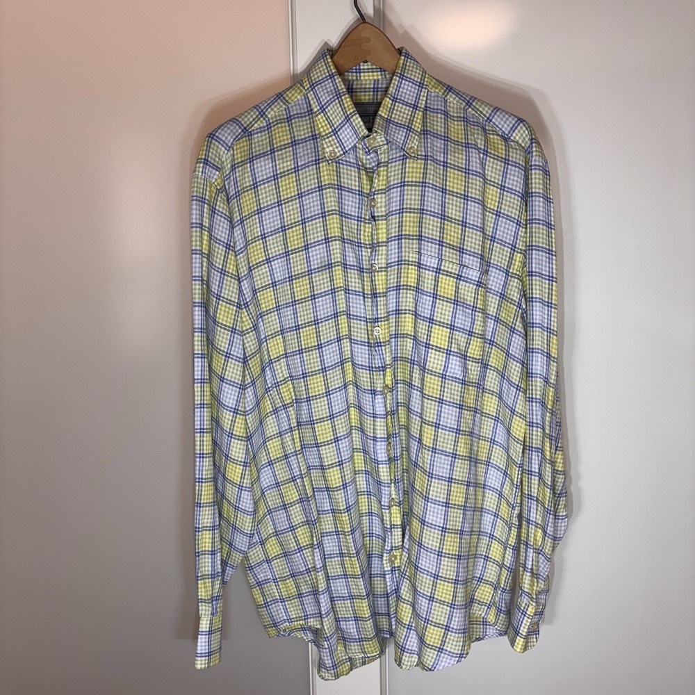 Hickey Freeman Men Blue/Yellow/White Plaid Long Sleeve Button Up‎ Shirt L Linen